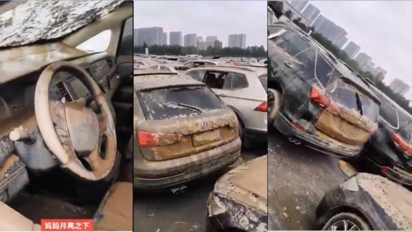 网传郑州京广路隧道成百上千被淹车辆曝光,车内人员却不知所踪(图片来源:视频截图)