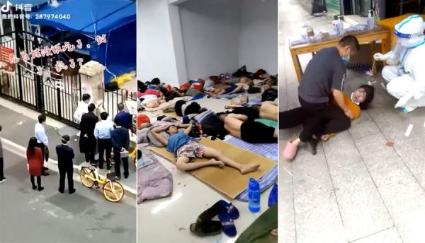 上海市黄浦区区委书记和区长陪同市政府官员到瞿溪路大同中学边上的小区视察,居民敲击锅碗瓢盆表达诉求(左图)。防疫隔离点内,无任何治疗设施,阳性感染者睡在地上(中图)。 一男子将拒绝接受核酸检测的女子按倒在地,强行做核酸(右图)。(图片来源:视频截图)