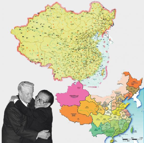 上图：中华民国从清朝至1949年前的版图，此时的版图和清末很接近，被称为美丽的“秋海棠叶”。下左图：1999年底，江泽民与叶利钦签订卖国条约。当江泽民会见叶利钦时，献媚地拥抱叶利钦。下右图：中国现在的地图，成“大公鸡”状。