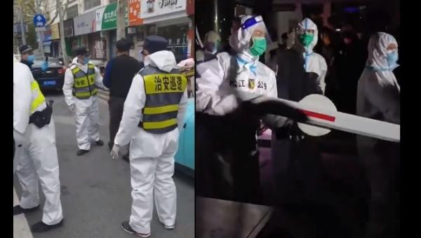左图:封控状况。右图:上海市民没食物可吃,与封控人员对峙。(图片来源:网络图片)