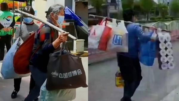 上海许多人挑起扁担购物。(图片来源:微博)