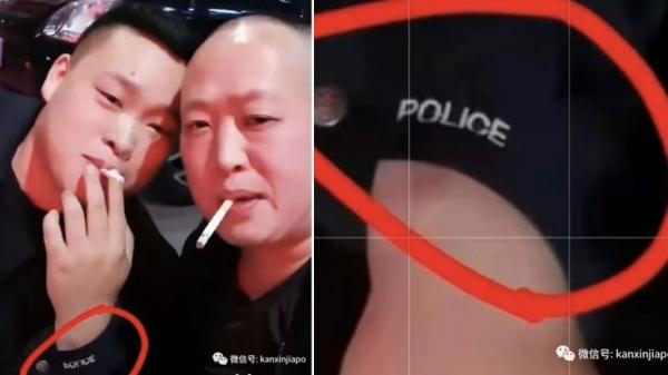 网络流传一嫌疑人与穿着绣有“police”字样的男子自拍视频,同时流传“给了局长60万保释金之后放人”的说法。(图片来源:网络截图)