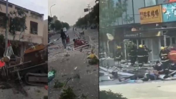 天津和山东泰安同日发生爆炸事故，天津燃气爆燃事故致20人轻伤3人重伤，山东泰安液化气罐泄漏引发爆炸造成10人受伤3人死亡。（图片来源：视频截图）