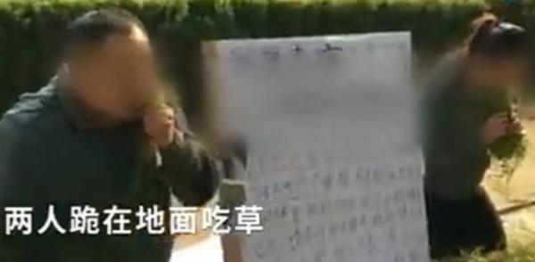一对农民夫妻为筹钱给儿子治病,当众“表演吃草”。