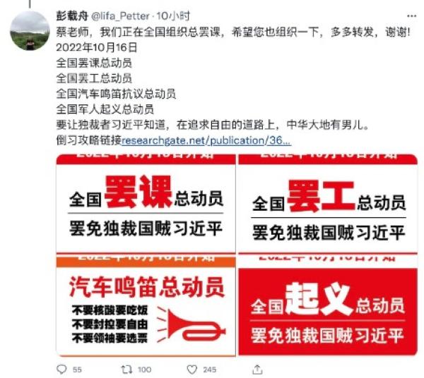“ 彭载舟 ” 呼吁:全国罢课、罢工、汽车鸣笛抗议、军人起义等。(图片来源:网路截图)