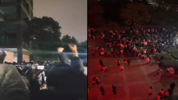 近日安徽医科大学南区爆大规模示威抗议,同日安徽理工大学学生夜间喊楼。(图片来源:视频截图)