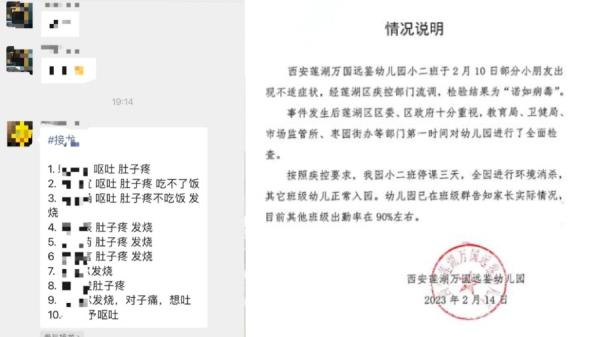 近日西安市莲湖区万国远鉴幼稚园惊传多名幼童感染诺如病毒。（图片来源：网络截图）