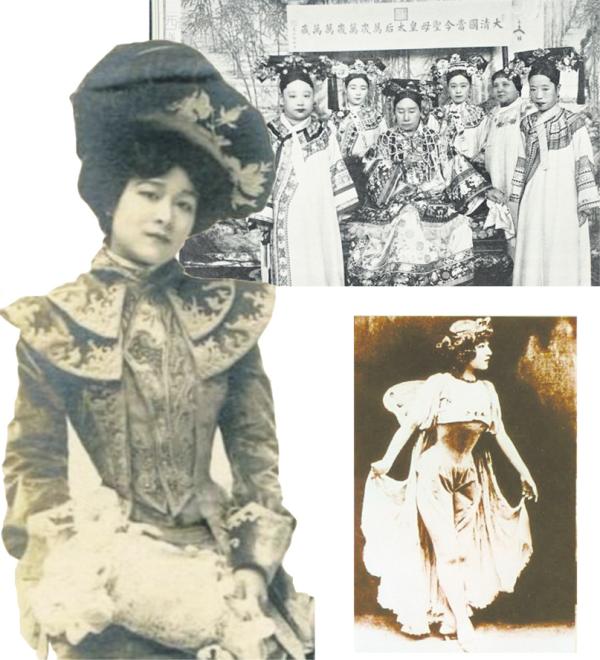 左图:慈禧太后御前女官裕容龄;右上图:裕容龄(右三)与慈禧太后合影;右下图:1902年,裕容龄表演舞蹈《玫瑰与蝴蝶》时扮演蝴蝶仙子的照片。(公有领域)