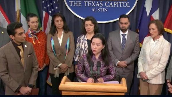 休斯敦法轮功学员Crystal Chen在德州参议院强摘器官听证会讲述被中共迫害经历。(图片来源:看中国摄影/梁路思)