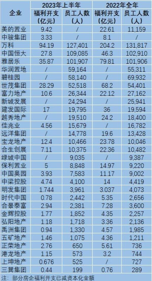 国内31家典型房企福利开支与员工数量。(网络图片)