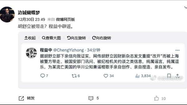 墙内墙外都在说胡舒立,墙外传闻,在墙内就是谣言。(图片来源:微博截图)