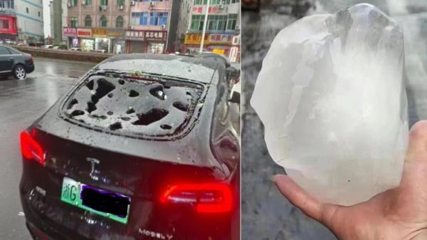 浙江多地突降暴雨夹冰雹，致大量车辆受损，有人受伤。（图片来源：视频截图）