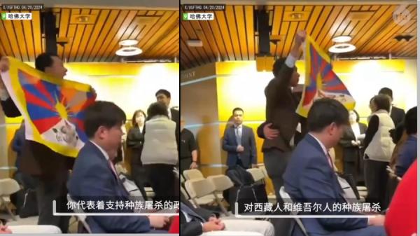 谢峰讲演中抗议的男生手举雪山狮子旗(原为吐蕃军旗,后为西藏独立旗帜)。(图片来源:网络截图)