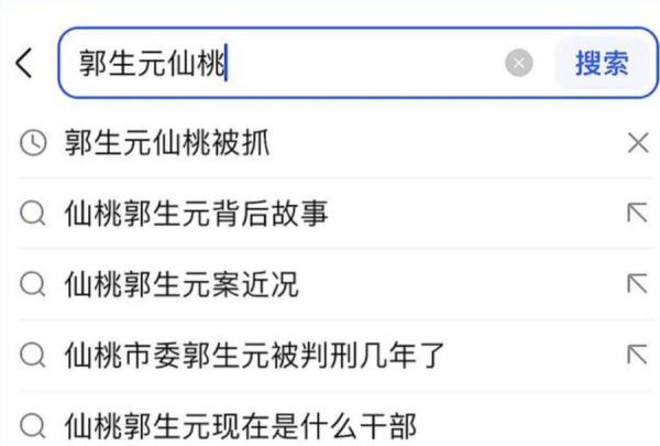 百度检索输入“郭生元”发现，搜索中会自动弹出“郭生元仙桃被抓”、“仙桃郭生元背后故事”等搜索关联词汇。（图片来源：网络图片）