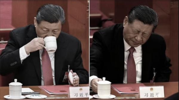 习近平喝水露出了痛苦表情。