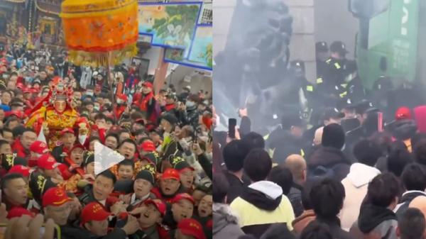 福建福州长乐区民间“游神”活动警察人墙被冲垮。（图片来源：抖音视频截图）