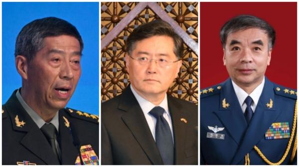 前国防部长李尚福(左)、前外交部长秦刚和退役上将刘亚洲(右)。(看中国合成图)