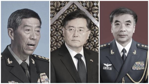 前国防部长李尚福(左)、前外交部长秦刚(中)和退役上将刘亚洲(右)(看中国合成图)