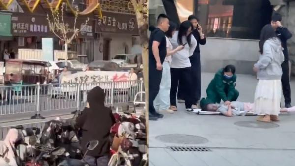 河北美术学院疑似遭投毒有人死亡,家长上街游行,受害女学生脸已变黑。(图片来源:视频截图)