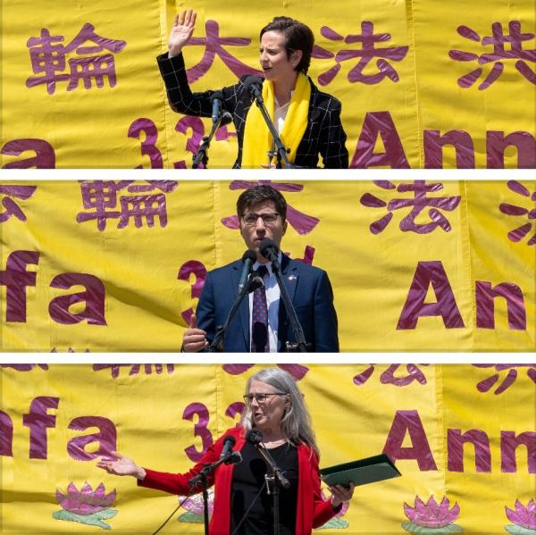 保守党副党魁梅丽莎·兰茨曼（Melissa Lantsman）（上）、保守党议员加内特·吉尼斯（Garnett Genuis）（中）以及保守党议员卡泰·瓦甘塔尔（Cathay Wagantall）（下）亲临庆祝活动现场，表达支持法轮大法。（看中国特约摄影Evan摄）