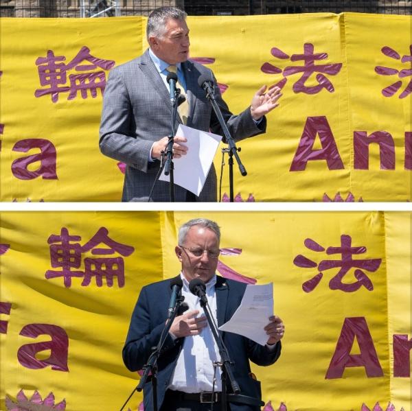 保守党议员詹姆斯·贝赞（James Bezan）（上）和加蒂诺市议员迈克·杜根（Mike Duggan）发言支持法轮功团体。（看中国特约摄影Evan摄）