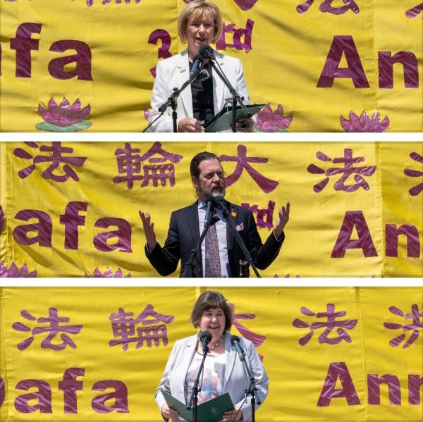 自由党议员、“法轮功议会之友”联合主席朱迪·斯格若（Judy Sgro）（上）、保守党议员斯科特·里德（Scott Reid）（中）以及自由党议员安妮塔·范登贝尔德（Anita Vandenbeld）（下）到场发言支持。（看中国特约摄影Evan摄）