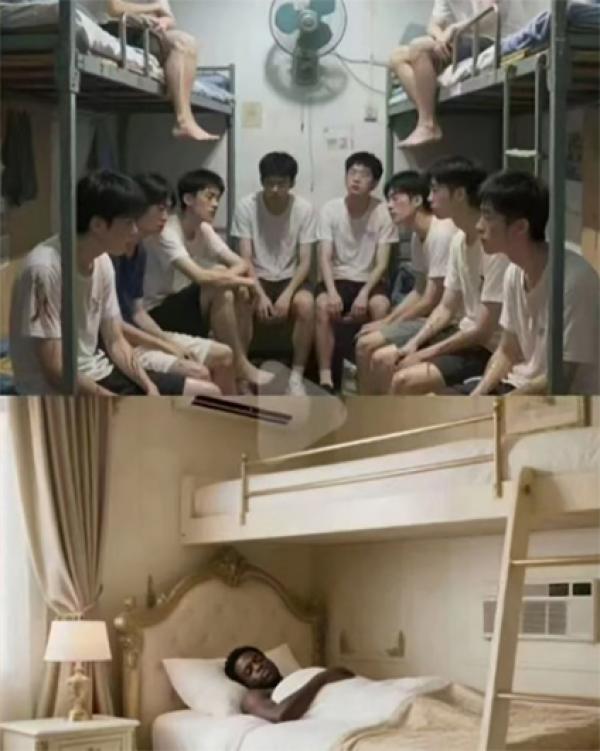 中国学生几个人共用一台风扇，而非洲裔留学生则盖棉被吹空调。