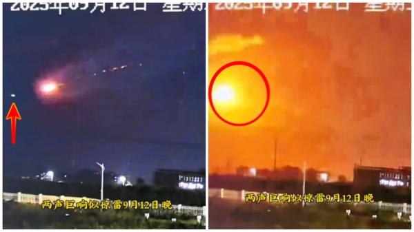 9月12日，许多中国山东潍坊网友目击疑似“导弹拦截”的爆炸。（视频截图）