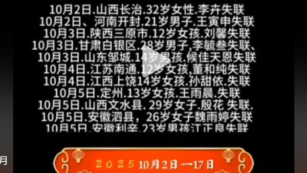 传大陆10月份的22天内失踪107人。(图片来源:网路截图)