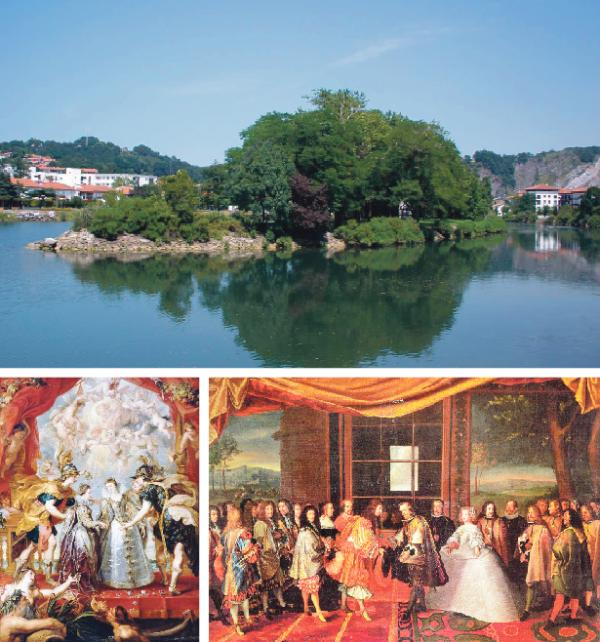 大图：费桑岛（Zarateman/Wikipedia/CC0）；下左图：《法兰西与西班牙两位公主的交换》，彼得•保罗•鲁本斯创作的寓意画，属于《玛丽•德•美第奇生平组画》系列（公有领域）；下右图：《路易十四与腓力四世在费桑岛会面》，作者雅克•洛穆斯尼耶（Jacques Laumosnier）（公有领域）