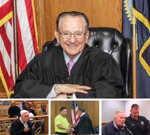 大图：法官弗兰克•卡普里奥（StephanieRPereira/wikimedia/CC BY-SA 4.0）；下图左起：96岁老人维克托•科埃拉陈述因带残疾儿子去就诊在学校区域超速；曾经的不良少年何塞•希门尼斯在卡普里奥的感化下改邪归正；90岁老人陈述自己开车送87岁妻子去医院超速。