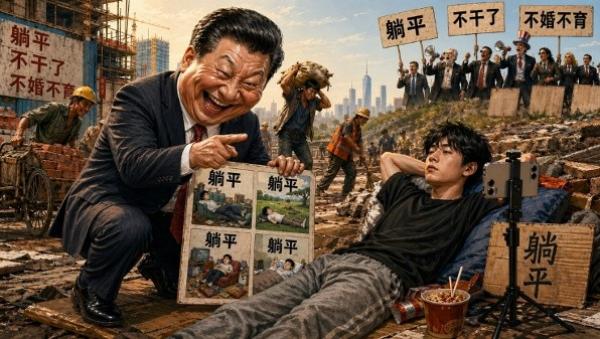 躺平是对“为党而活”逻辑的无声拒绝。（图片来源： 李齐绘制/看中国）