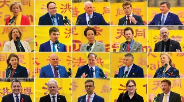 5月5日，19位加拿大国会议员和一位国会议员秘书亲临在渥太华国会山举行的法轮大法日庆祝活动，表示支持。（看中国合成图，原图：看中国特约摄影Jonathan Ren）