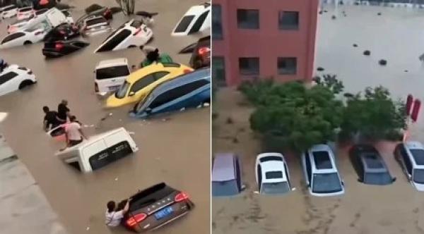 5月17日至18日，湖南省常德市石门县壶瓶山镇水位高涨，水漫过桥梁和车辆。（图片来源：视频截图）
