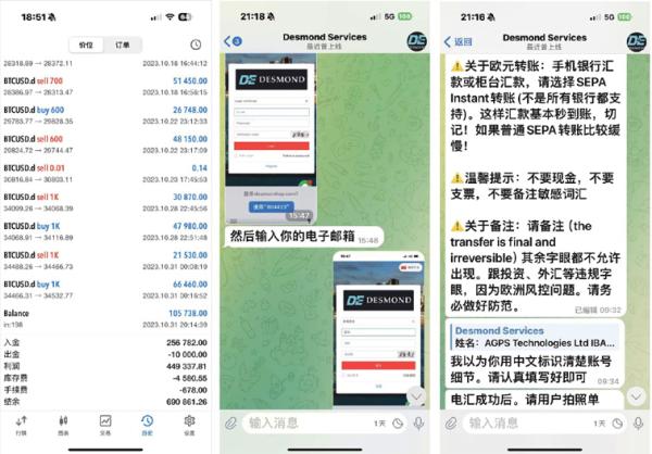 左图：诈骗网站很像真正的投资网站，极具迷惑性；中图和右图：诈骗团伙与受害者之间的对话截图（照片由杨先生提供）