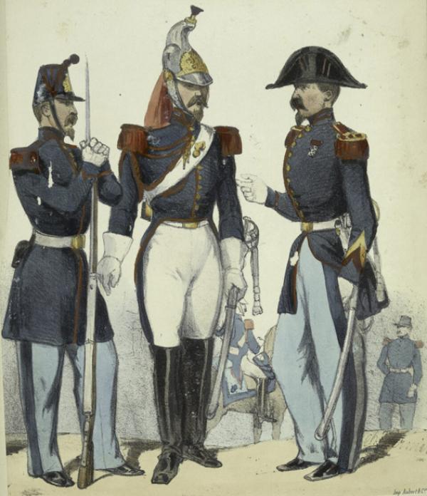 1848年末,巴黎共和国卫队的步兵卫队、骑兵卫队和士官(公有领域)