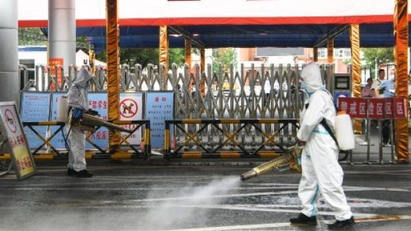 2022年6月5日，武汉肺炎病毒流行期间，安徽省亳州市工人们在学校喷洒消毒剂。（图片来源：STR/AFP via Getty Images）
