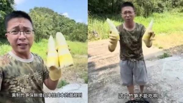 近日，曝光河北甲醛白菜的大陆博主“渔猎齐哥”，再发视频揭露广东硫磺竹笋。（图片来源：视频截图）