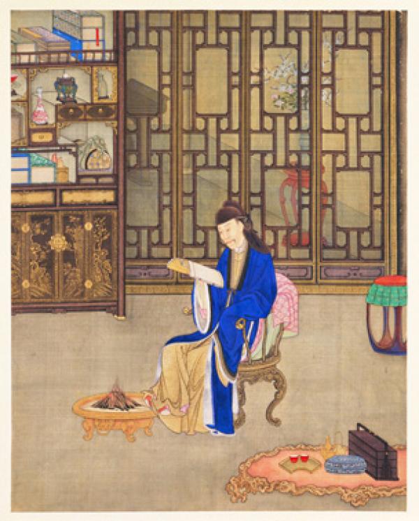 雍正身着汉族文人服饰，手捧书册专心阅读，足下是热气腾腾的火炉。（台北故宫博物院）