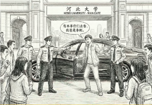 “我爸是李刚”成为人们嘲讽跋扈“官 二代”的流行语。(AI制图)