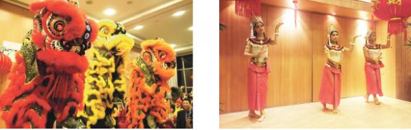 左图:广东会馆醒狮队舞狮;右图:舞蹈表演 (摄影:林莲怡/看中国)